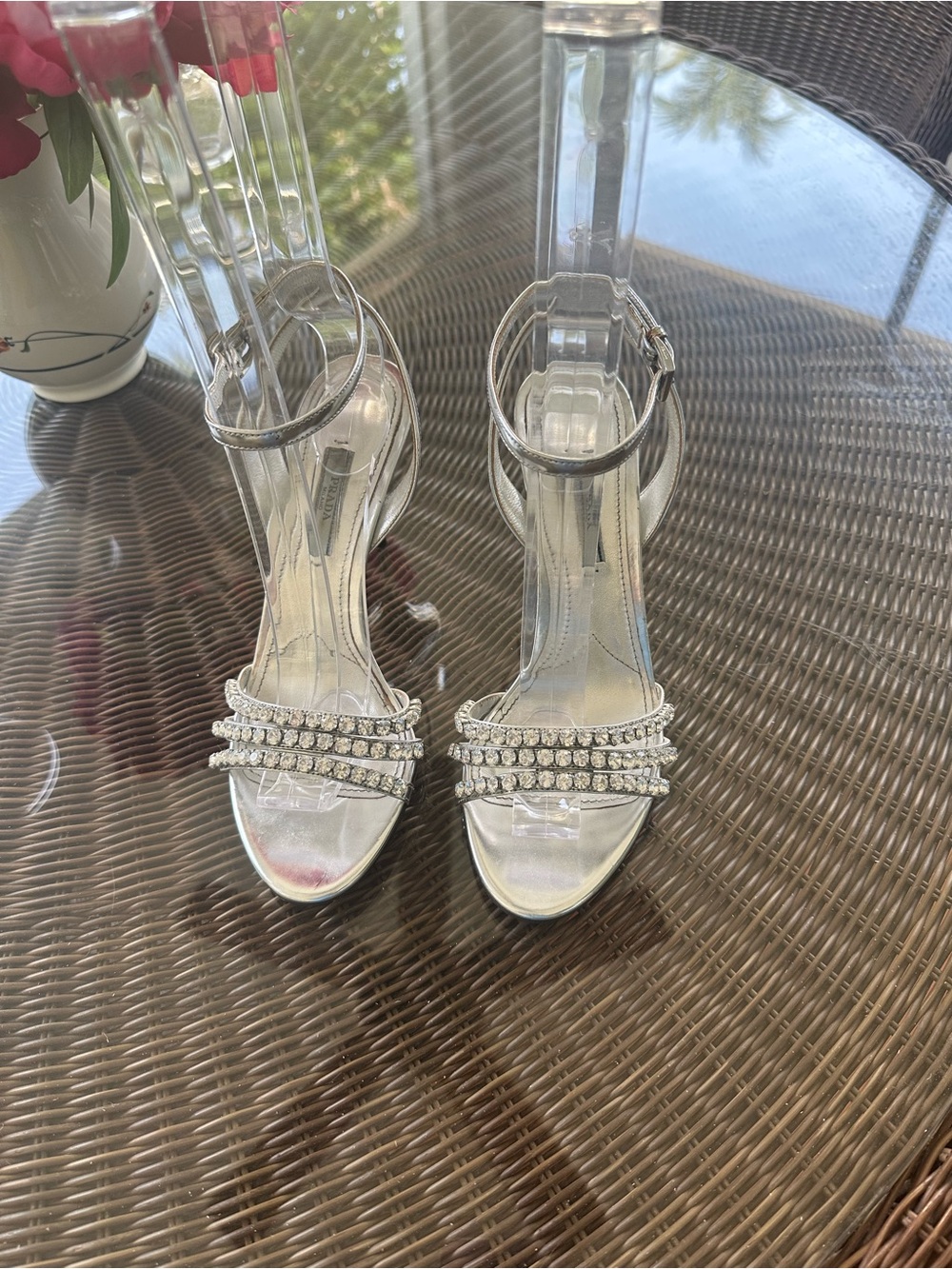 Prada Silver Rhinestone Ankle-Strap size 37 1/2 worn once